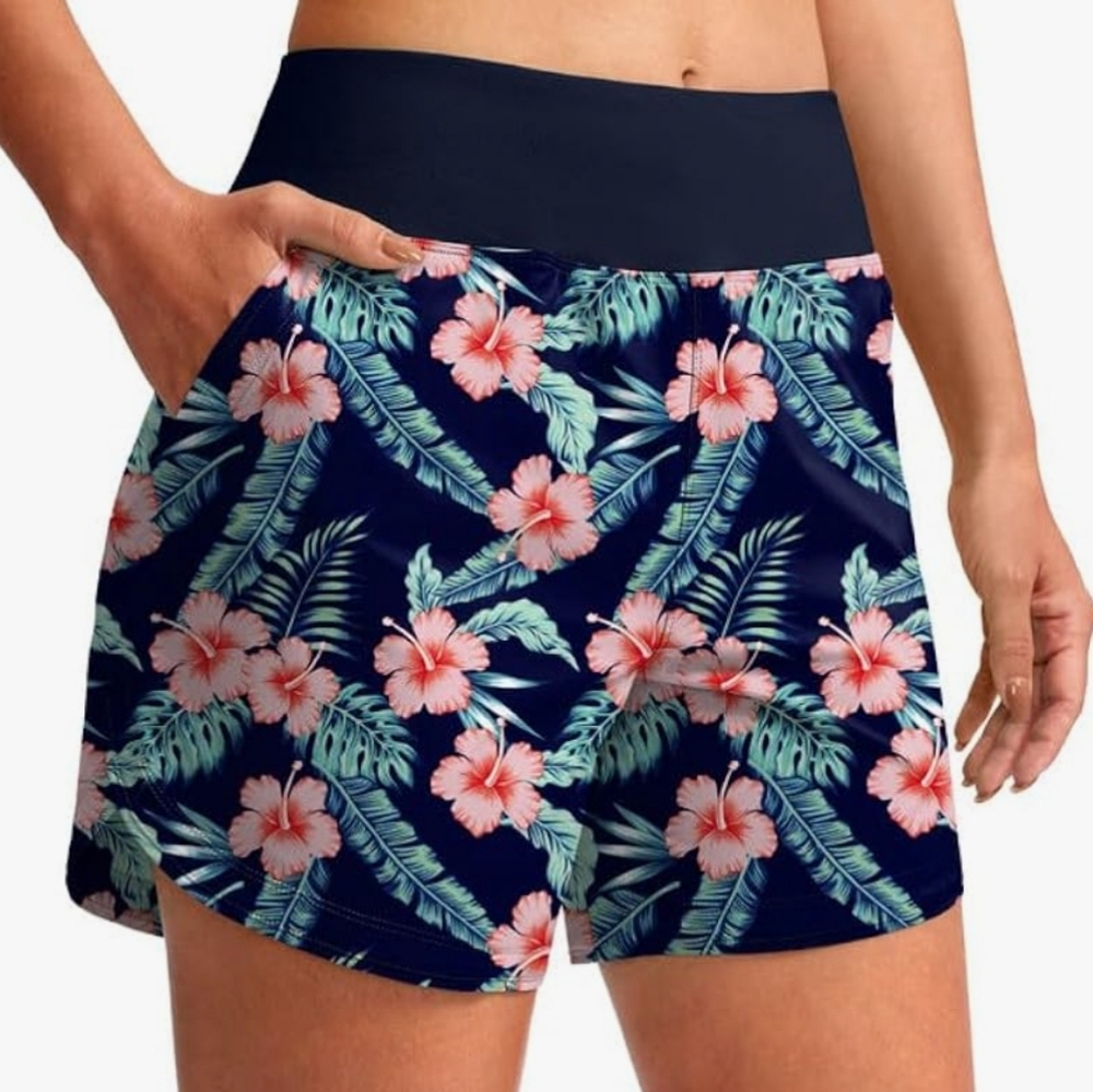 Pudolla Womans Navy Blue & Pink Tropical Swim Shorts Size XL